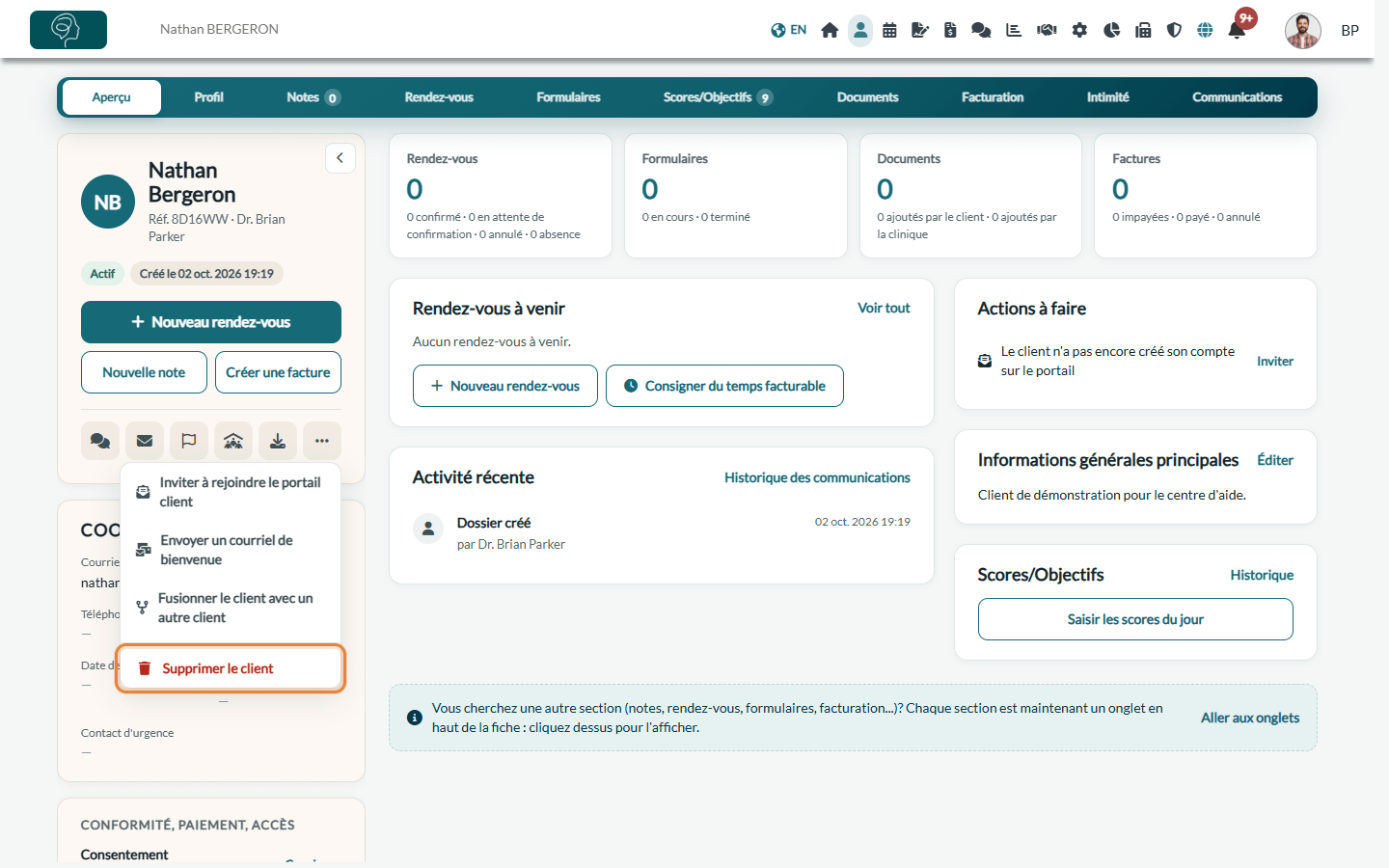 Menu Plus d'actions d'un dossier client avec l'option Supprimer le client