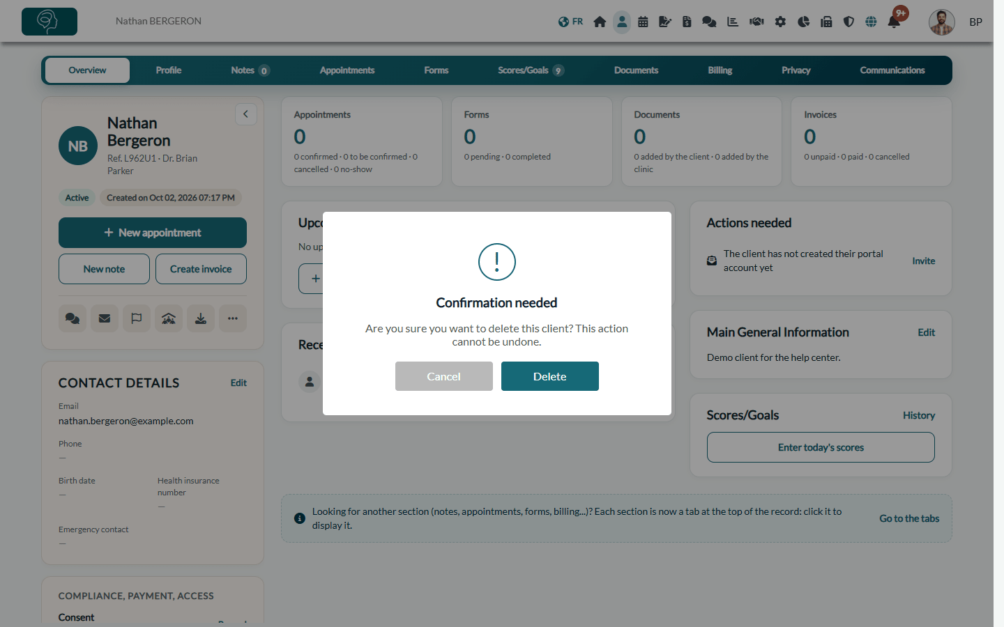 Confirmation window before deleting a client
