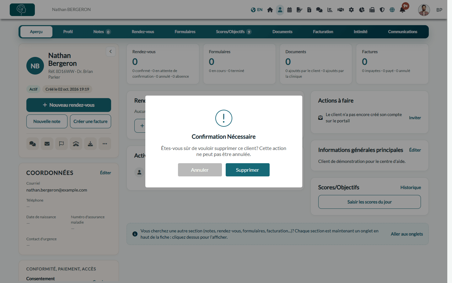 Fenêtre de confirmation avant la suppression d'un client