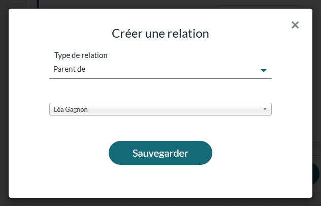 Fenêtre Créer une relation avec le type de relation et le client lié