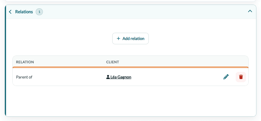 Relations section of a client record with a Parent of relation