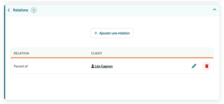 Section Relations d'un dossier client avec une relation Parent de