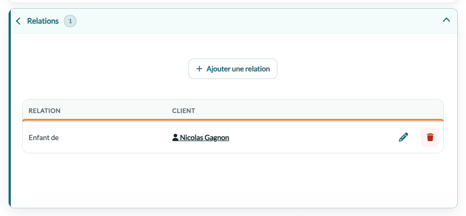La même relation vue depuis le dossier de l'autre client : Enfant de