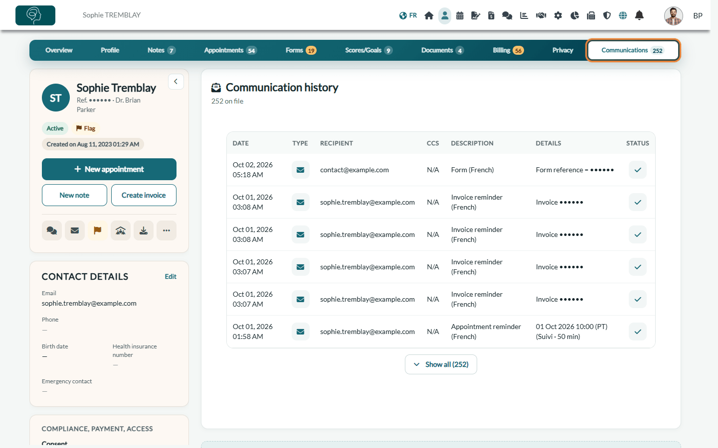 Communications tab of a client record with the Communication history table