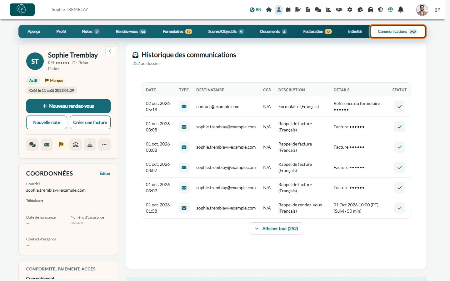 Onglet Communications d'un dossier client avec le tableau Historique des communications