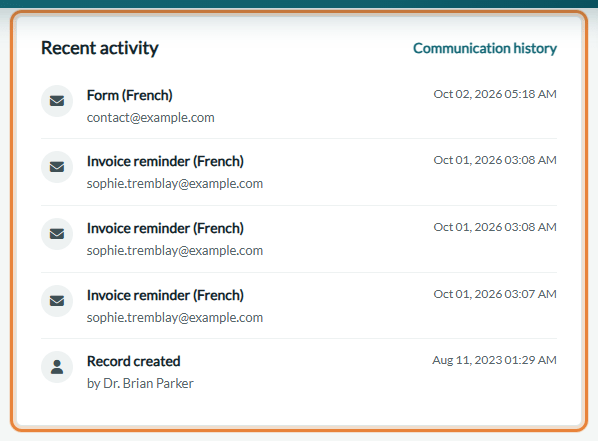 Recent activity card in the Overview tab of a client record