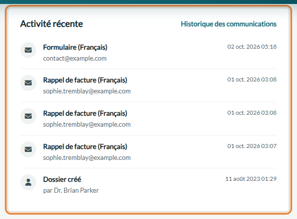 Carte Activité récente dans l'onglet Aperçu d'un dossier client