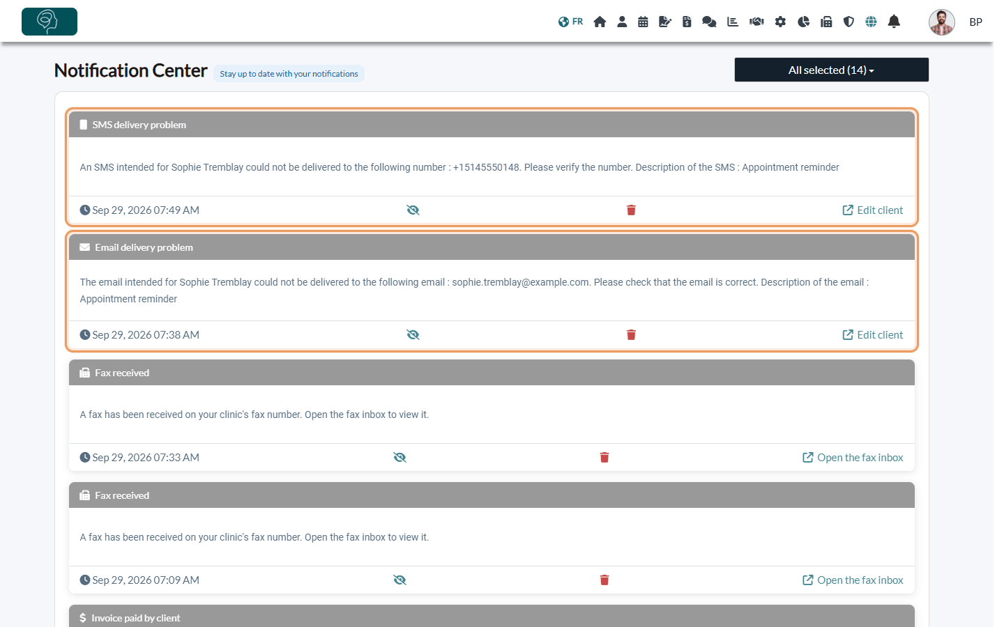 Notification Center with an SMS delivery problem and an Email delivery problem notification