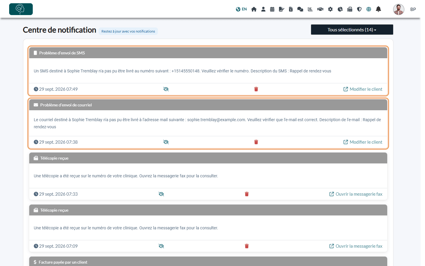 Centre de notification avec une notification Problème d'envoi de SMS et une notification Problème d'envoi de courriel