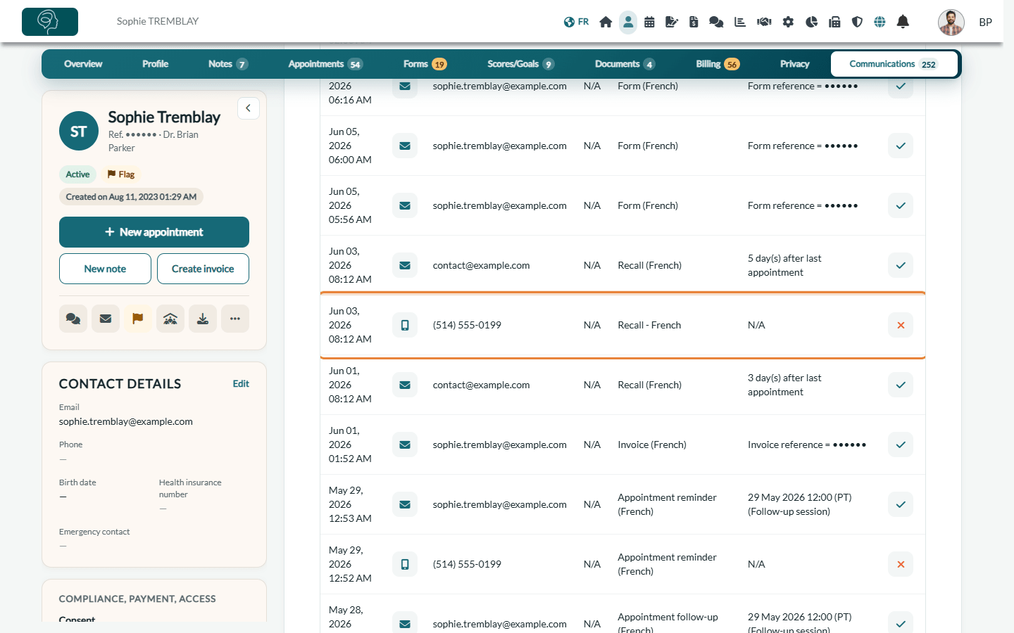 Communications tab of a client record with an SMS marked as not delivered