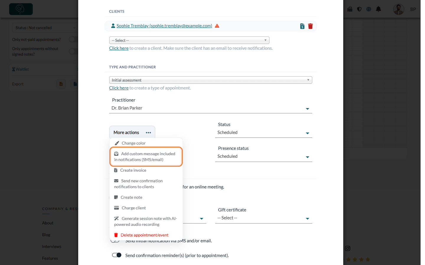 More actions menu of an appointment with the option Add custom message included in notifications (SMS/email)