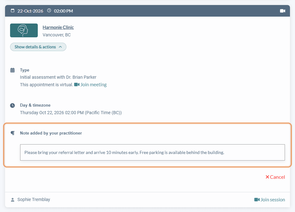 Appointment in the client portal with the Note added by your practitioner section