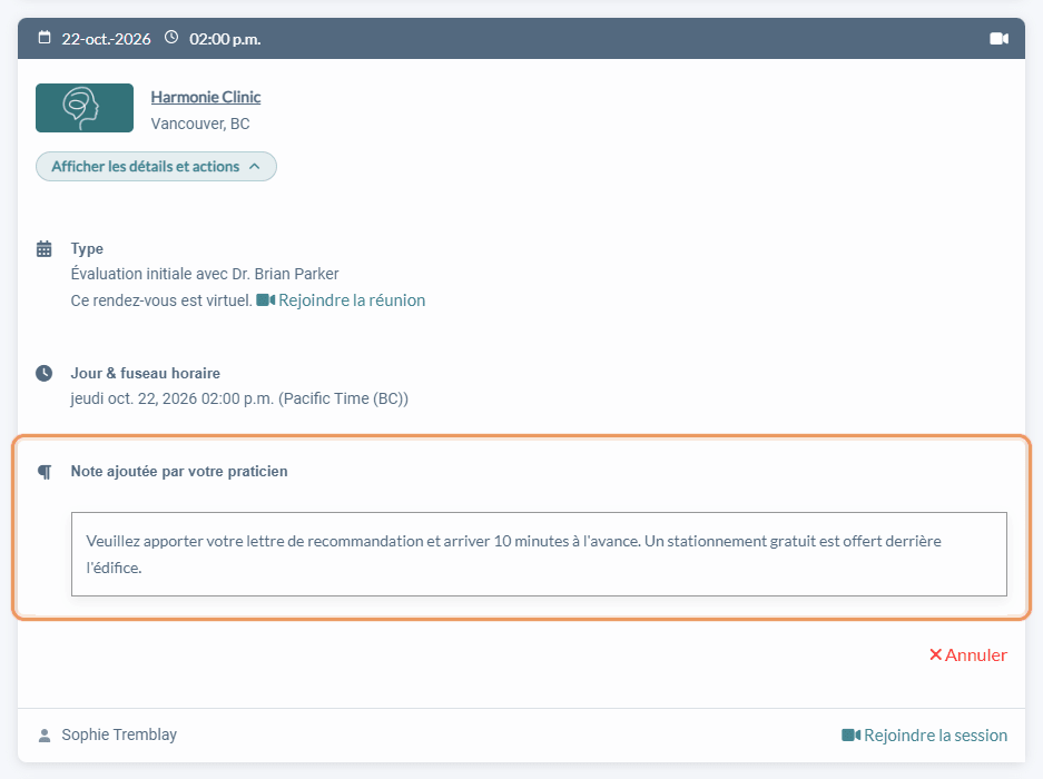 Rendez-vous dans le portail client avec la section Note ajoutée par votre praticien