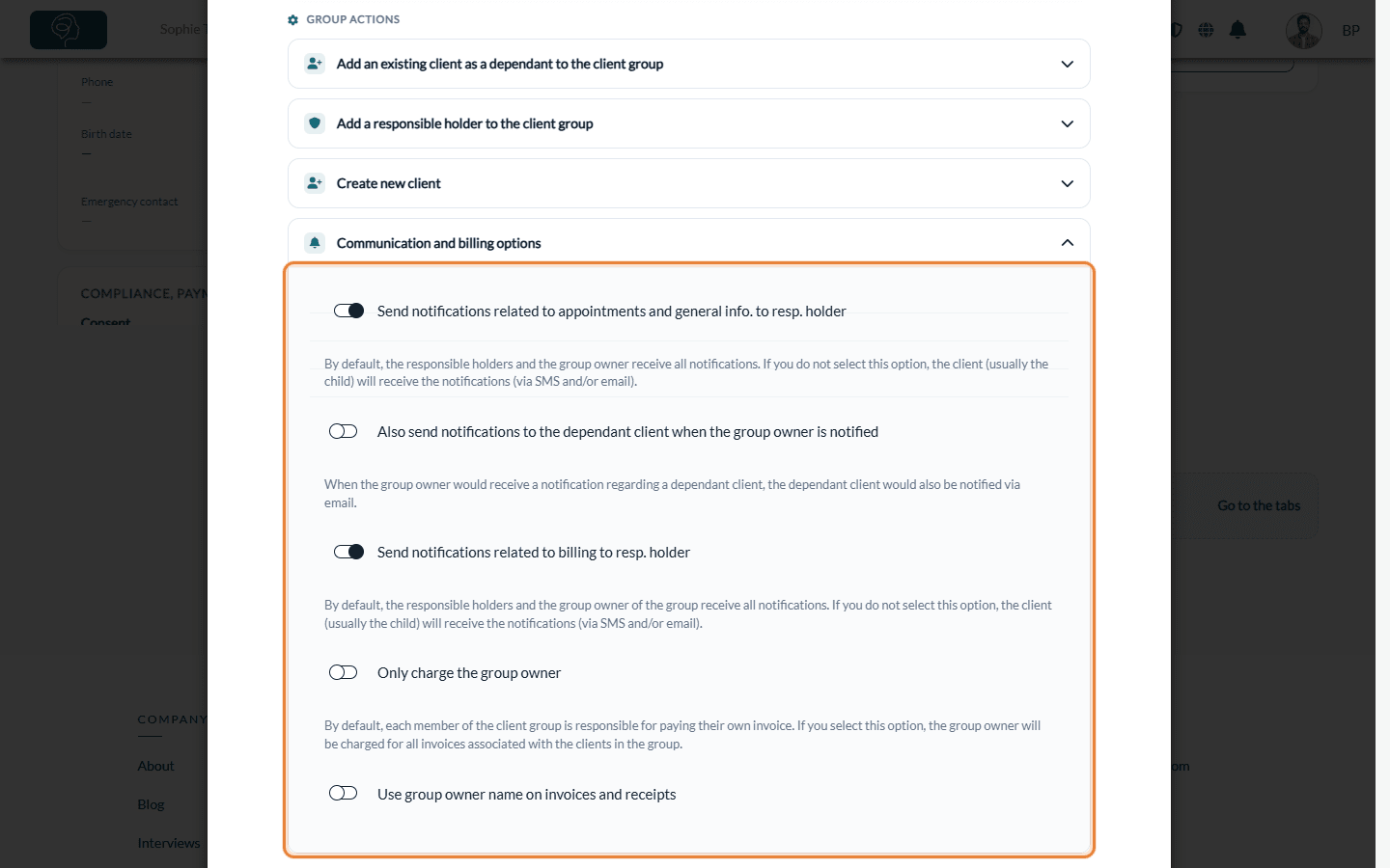 Communication and billing options of a client group