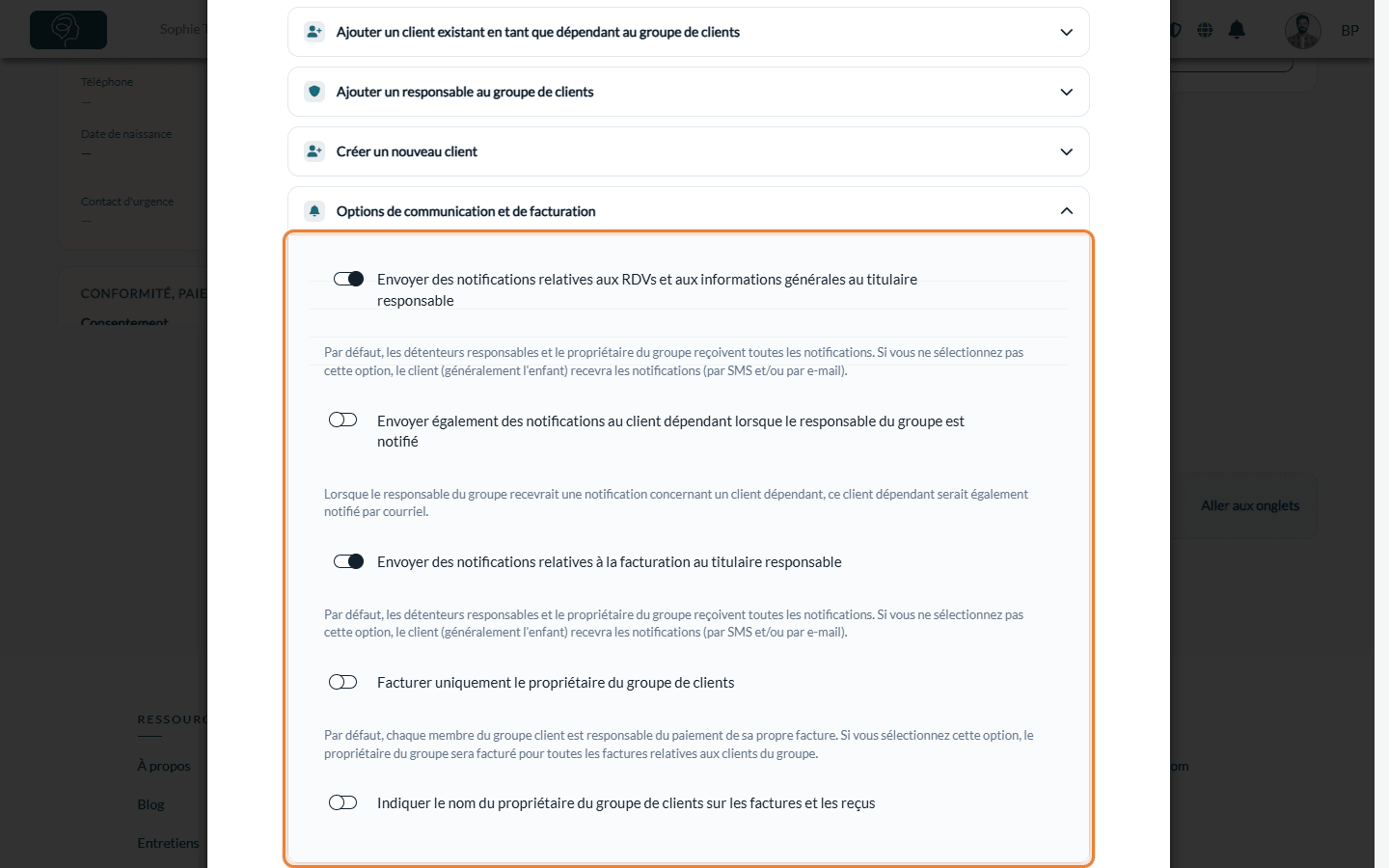 Options de communication et de facturation d'un groupe de clients