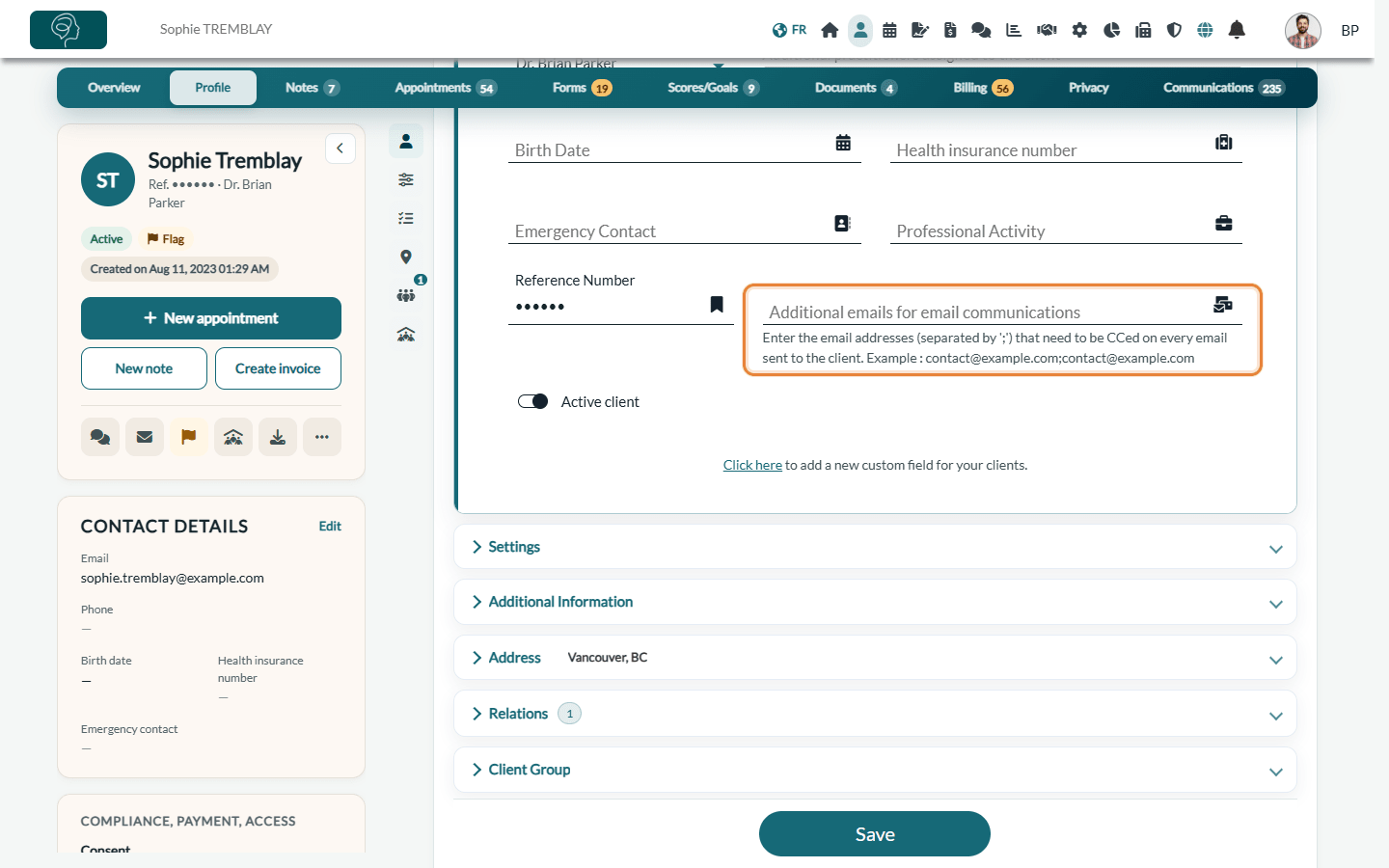 Additional emails for email communications field in the Profile tab of a client record