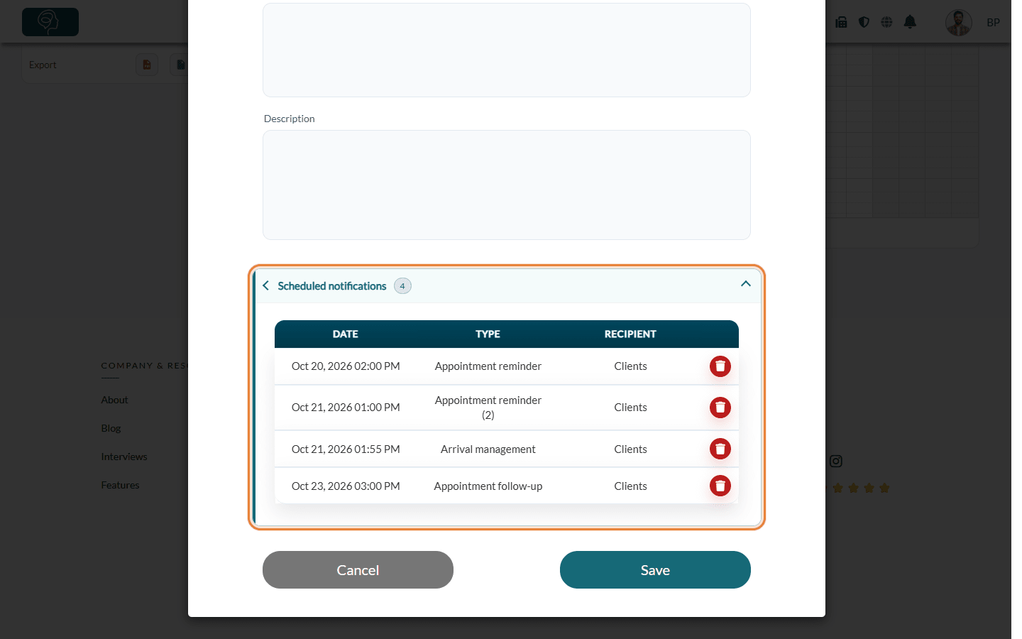 Scheduled notifications section of an appointment with the date, type and recipient of each notification