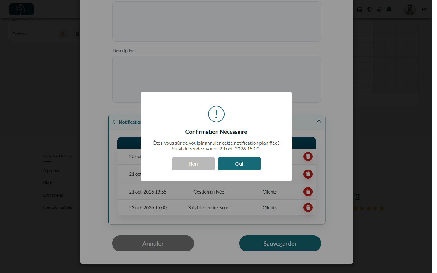 Fenêtre de confirmation : Êtes-vous sûr de vouloir annuler cette notification planifiée ?