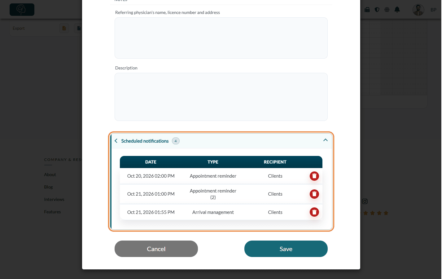 Scheduled notifications section after the follow-up was cancelled