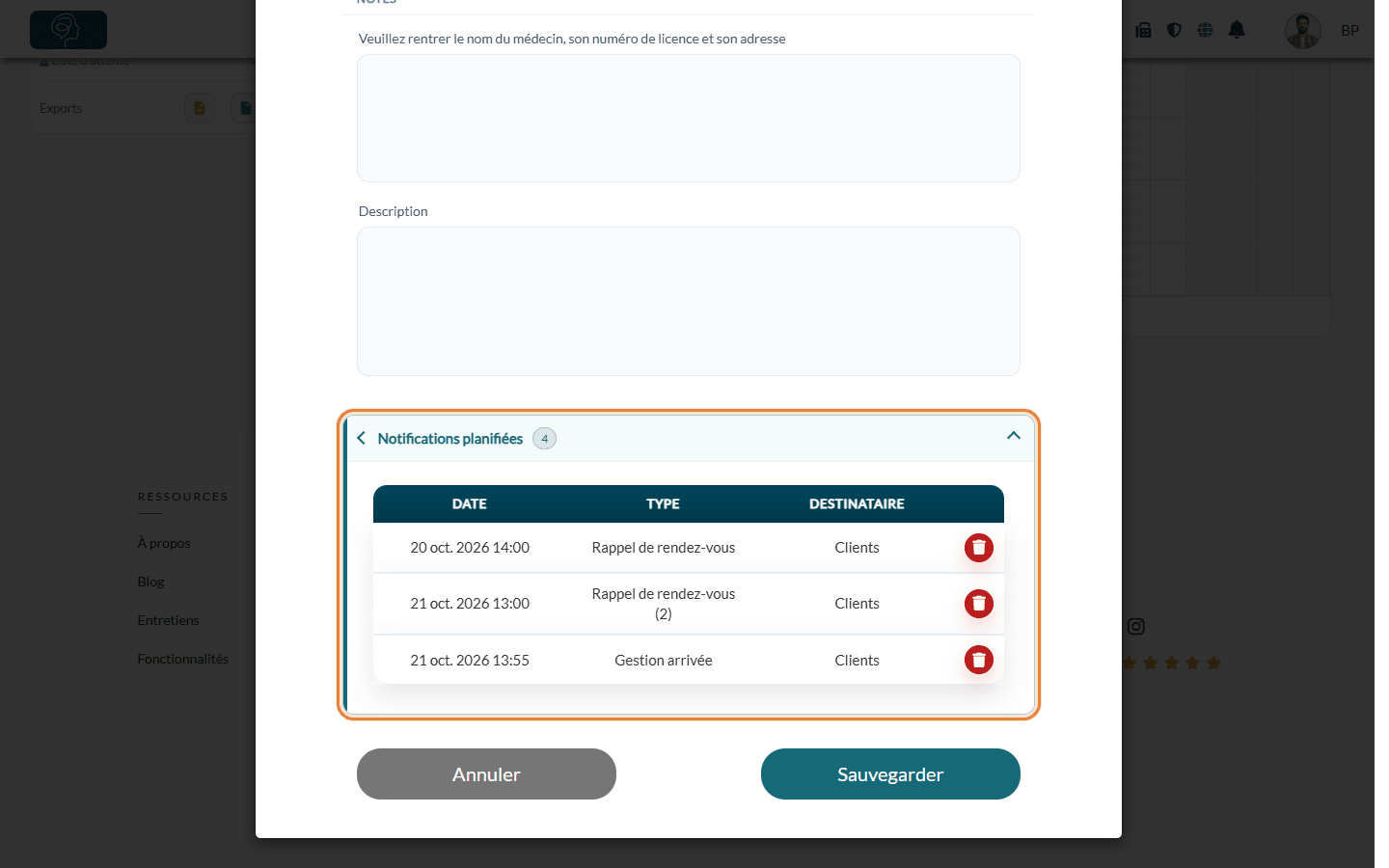 Section Notifications planifiées après l'annulation du suivi