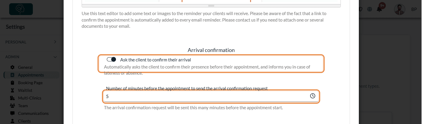 Arrival confirmation options in the Notifications section of an appointment type