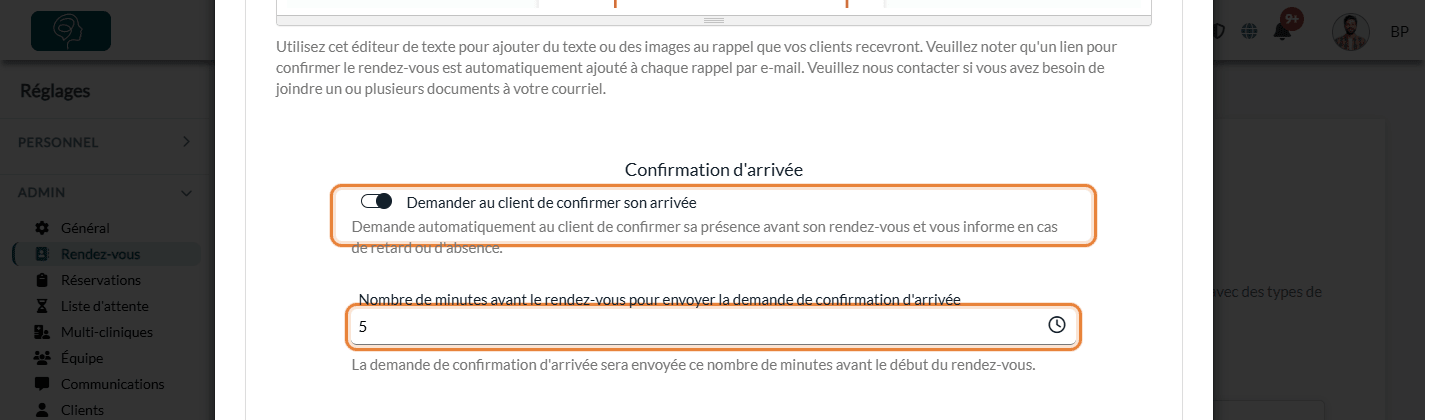 Options de confirmation d'arrivée dans la section Notifications d'un type de rendez-vous