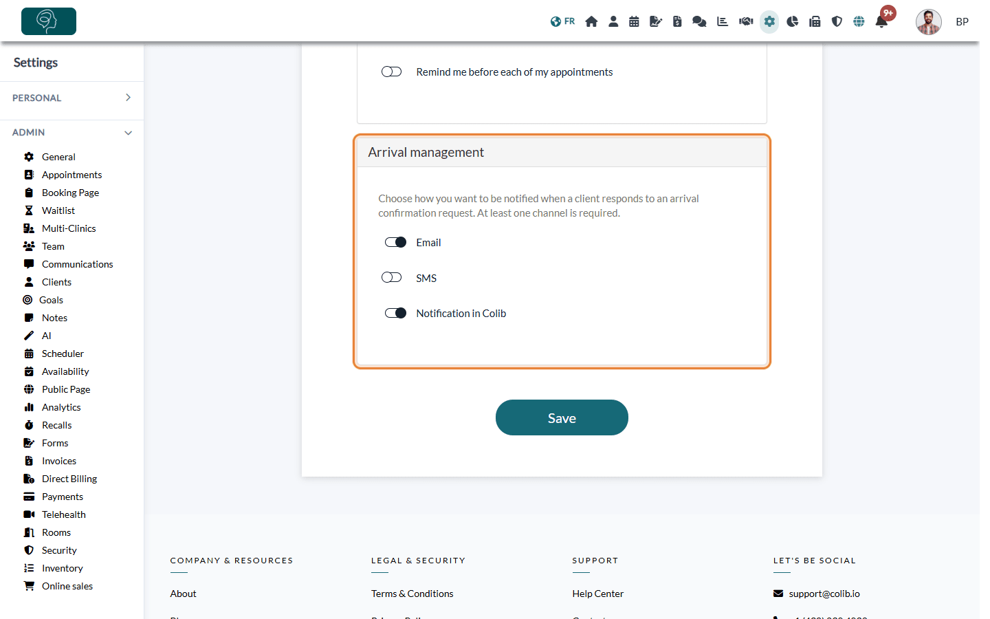 Arrival management channels in Settings > Personal > Notifications