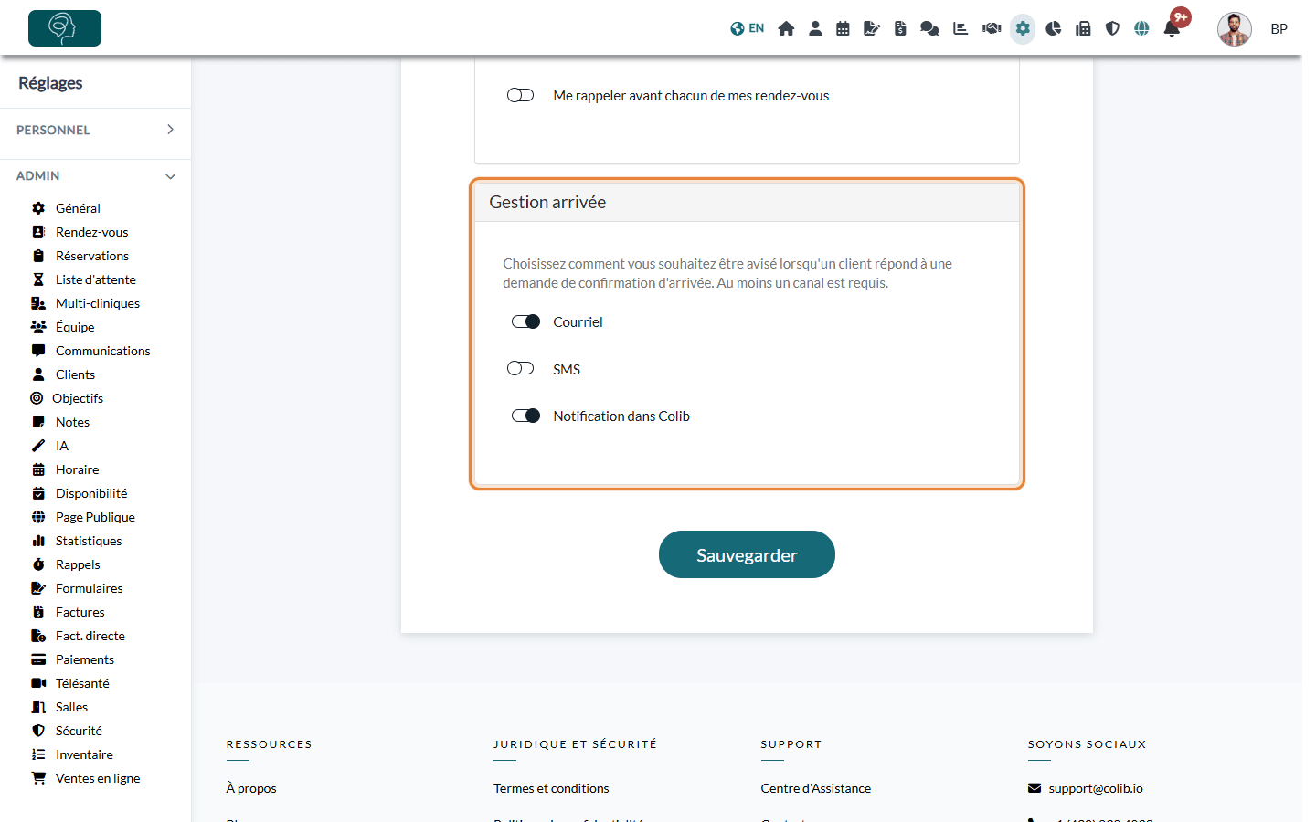 Canaux de Gestion arrivée dans Réglages > Personnel > Notifications