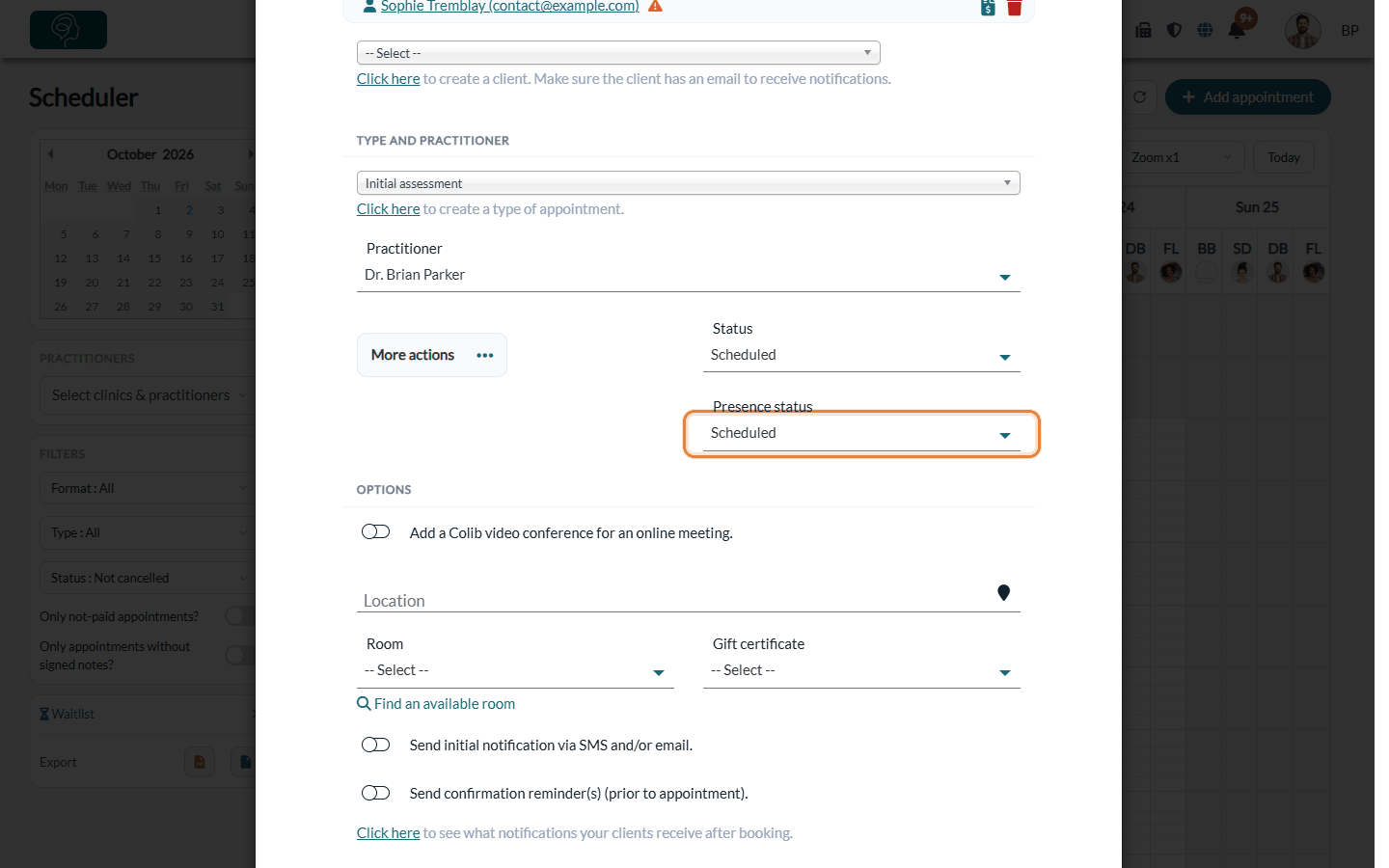 Presence status list in the appointment window