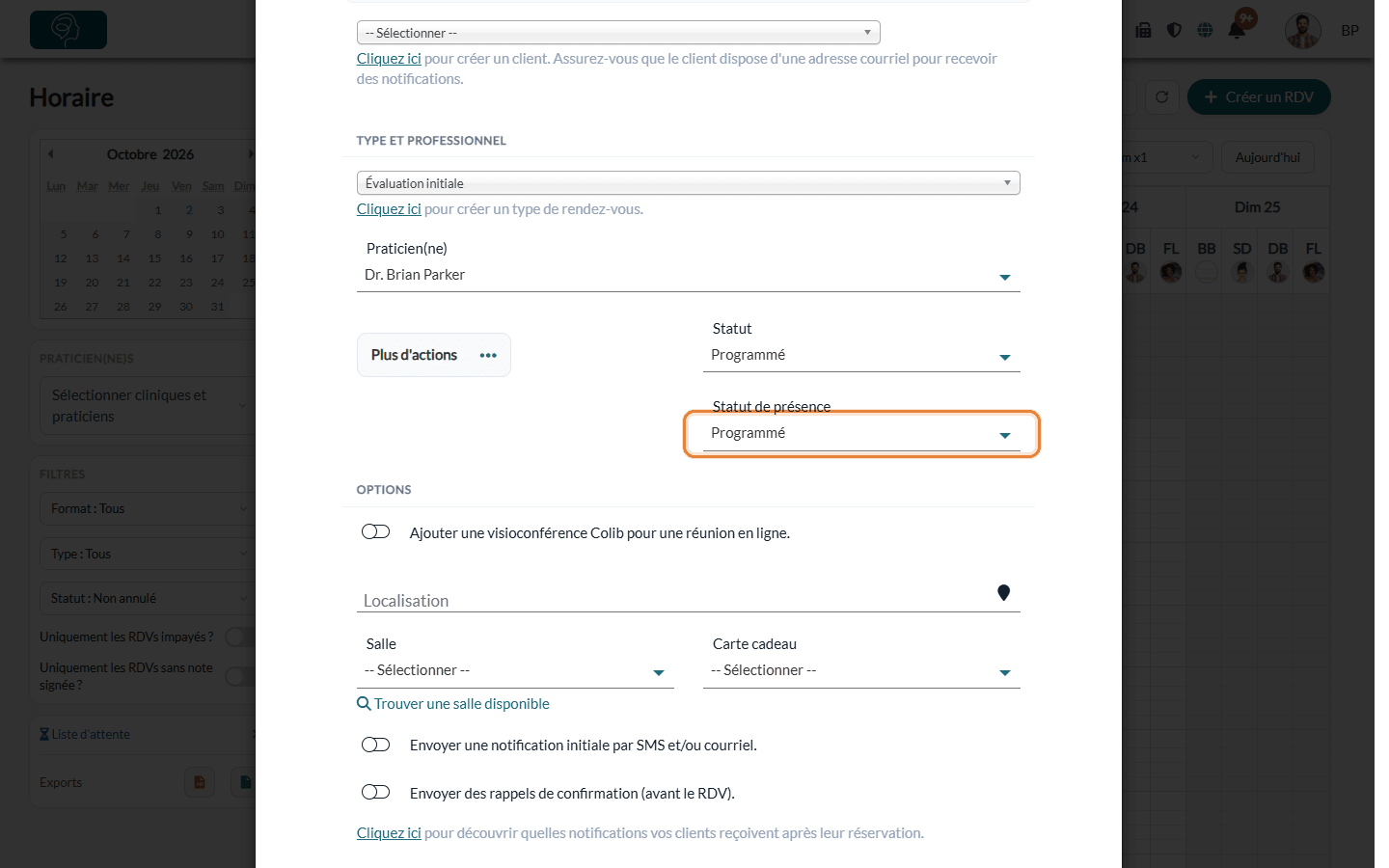 Liste Statut de présence dans la fenêtre du rendez-vous