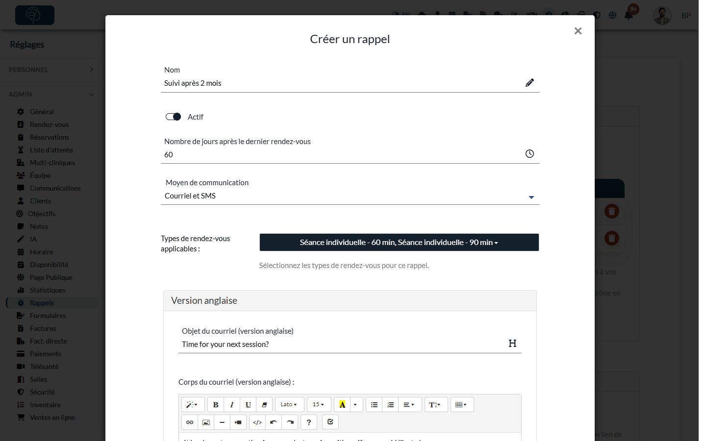 Fenêtre Créer un rappel avec le nom, le nombre de jours, le moyen de communication et les types de rendez-vous
