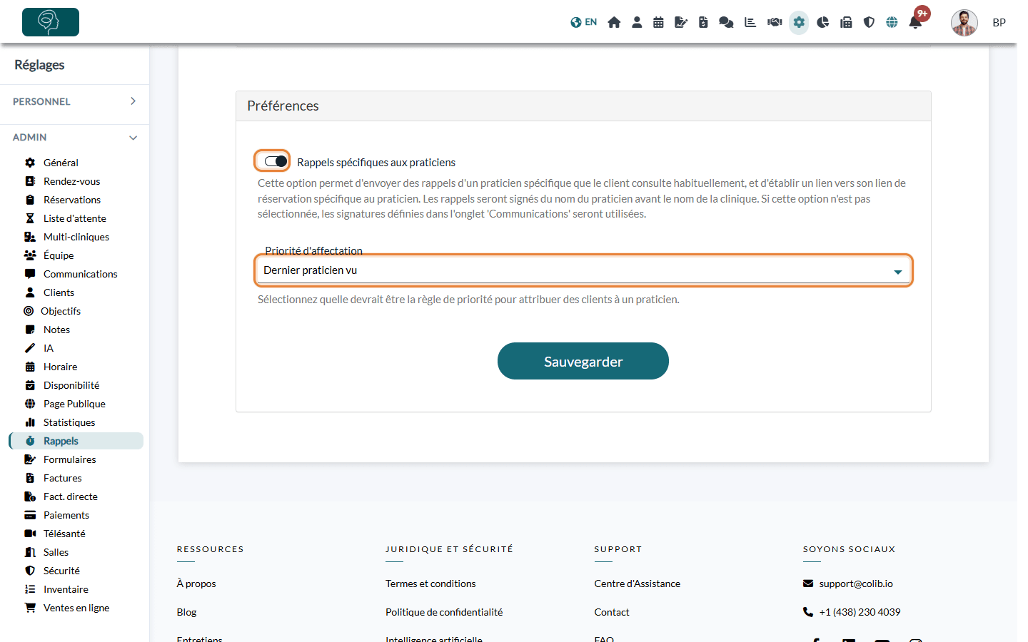 Option Rappels spécifiques aux praticiens et Priorité d'affectation dans la section Préférences