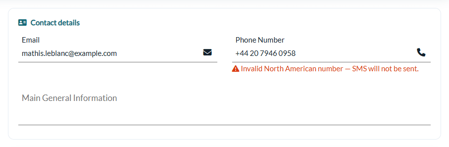 Invalid North American number warning under the phone number of a client record