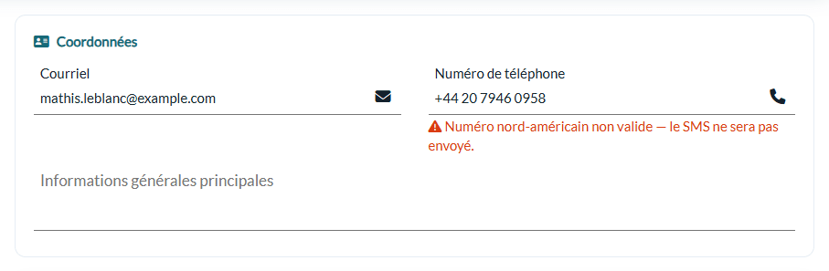 Avertissement Numéro nord-américain non valide sous le numéro de téléphone d'un dossier client