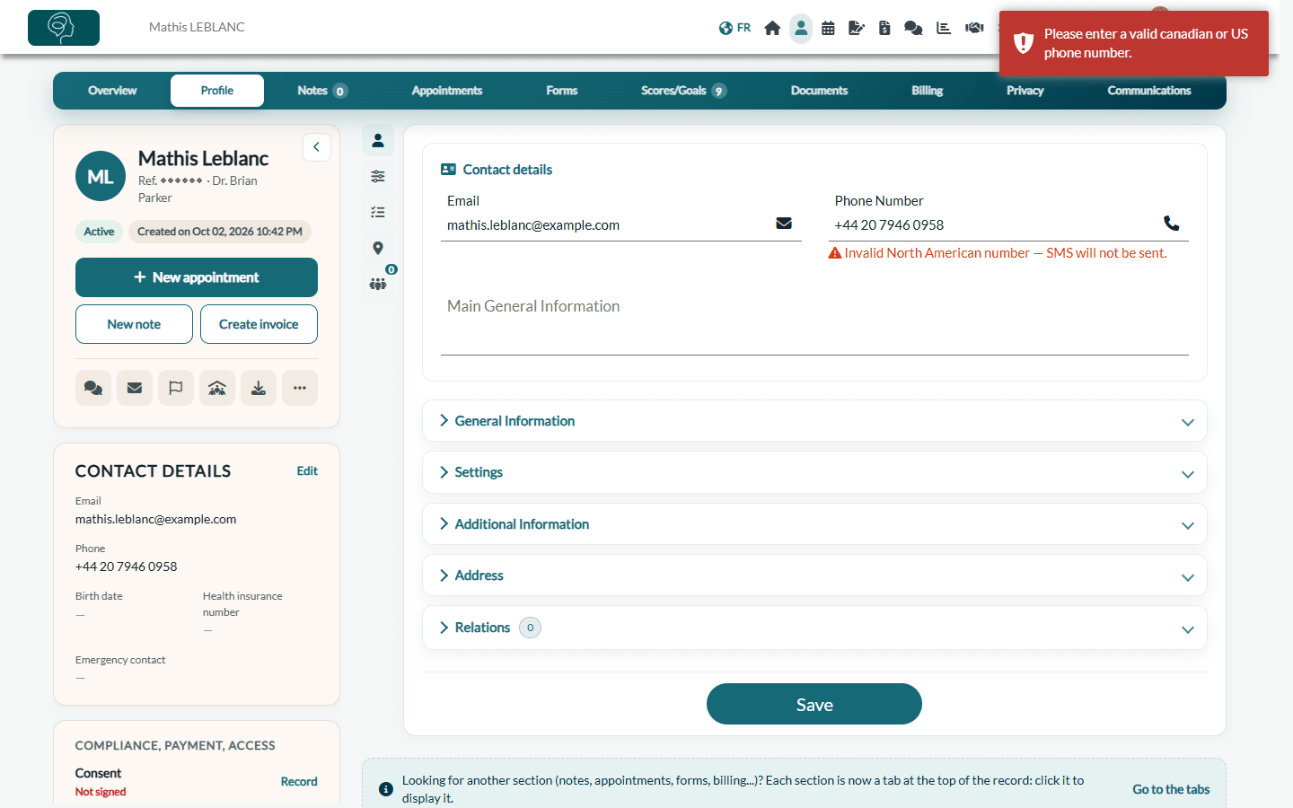 Please enter a valid canadian or US phone number message when saving a client record