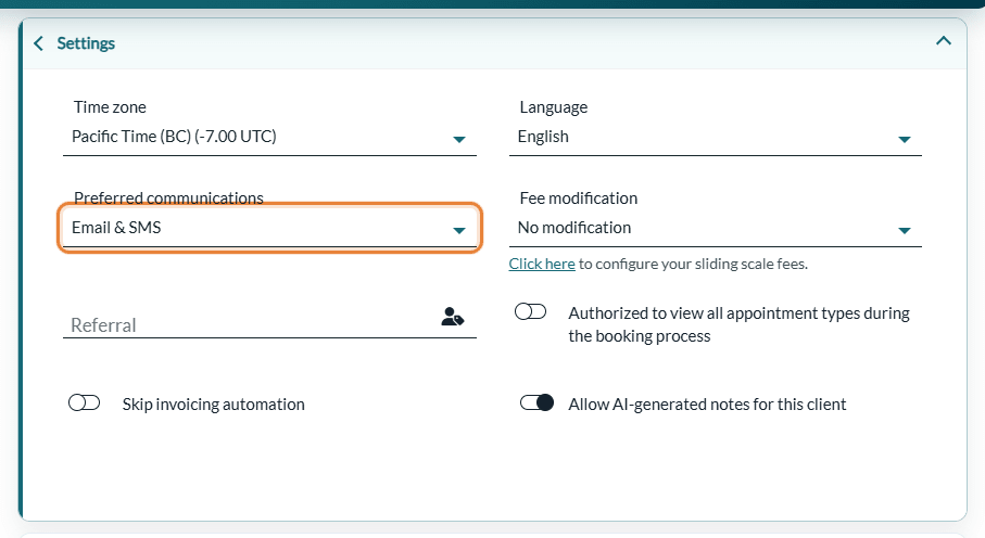 Preferred communications list in the Settings section of a client record