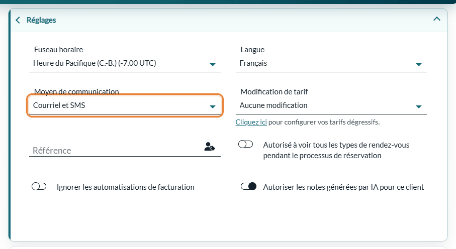 Liste Moyen de communication dans la section Réglages d'un dossier client
