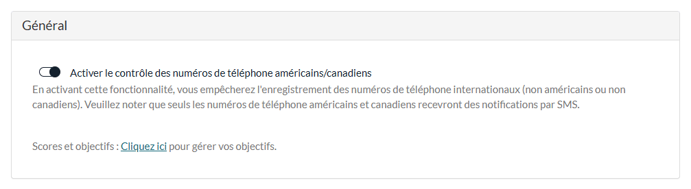 Option Activer le contrôle des numéros de téléphone américains/canadiens dans Réglages > Clients