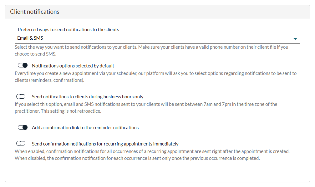 Client notifications section of Settings > Scheduler with the Preferred ways to send notifications to the clients list