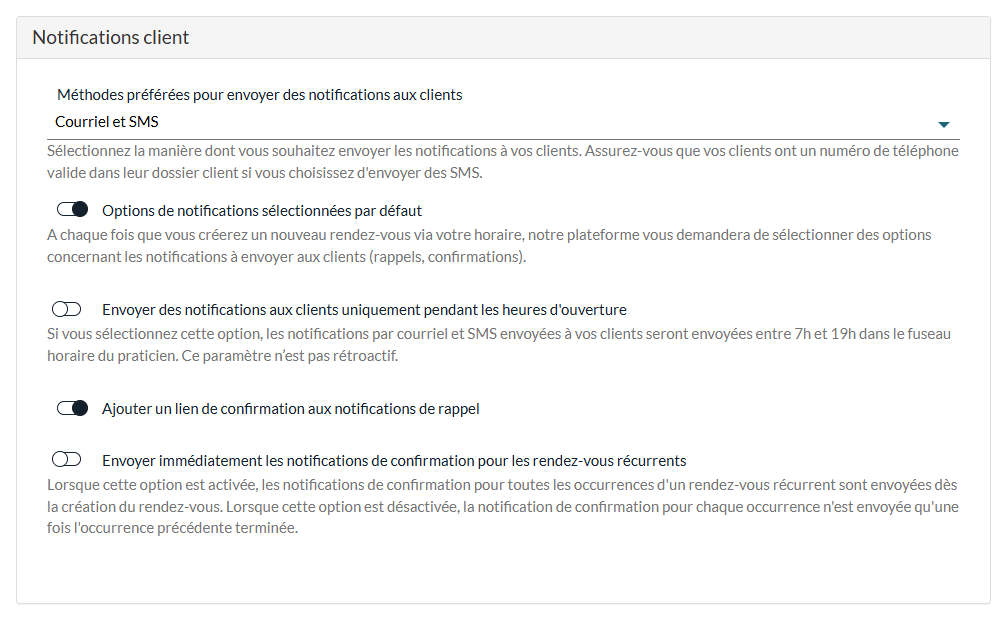 Section Notifications client de Réglages > Horaire avec la liste Méthodes préférées pour envoyer des notifications aux clients