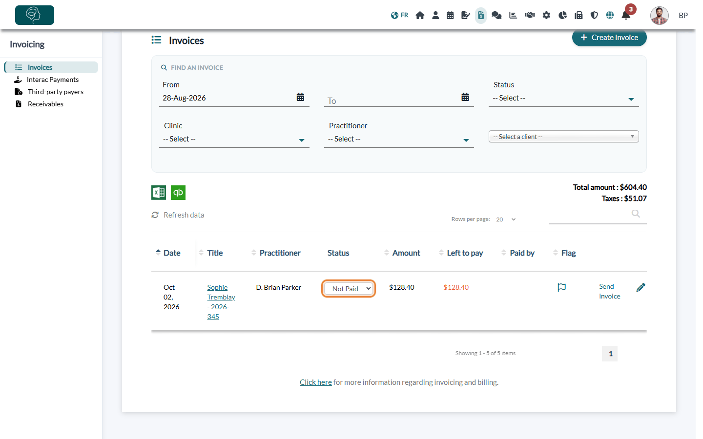 Status of an invoice in the list of invoices