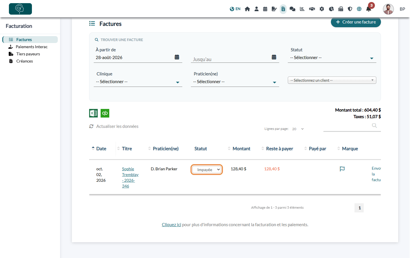 Statut d'une facture dans la liste des factures