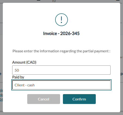 Partial payment window with the amount and the Paid by field