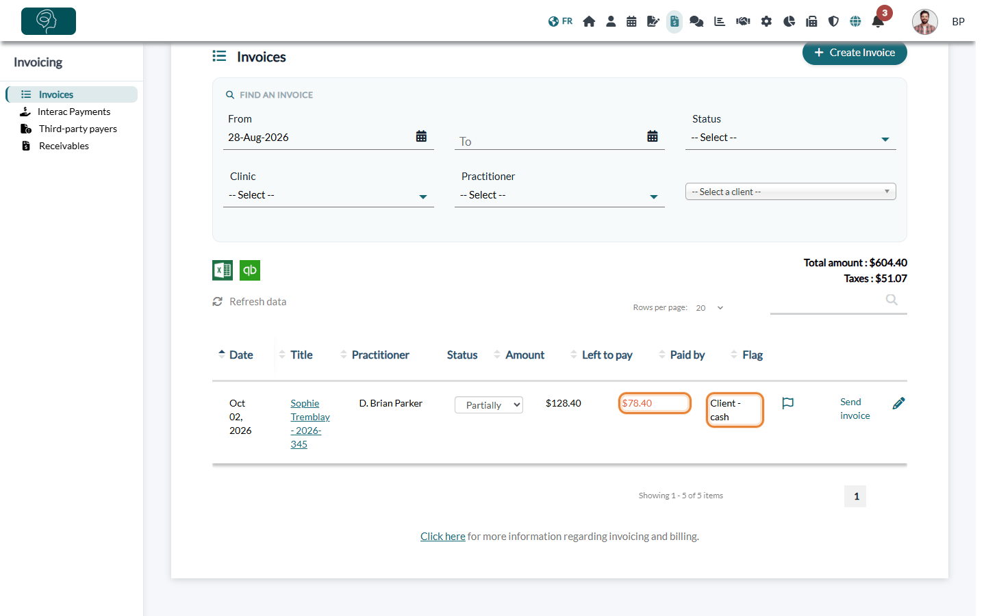 Left to pay and Paid by columns after a partial payment