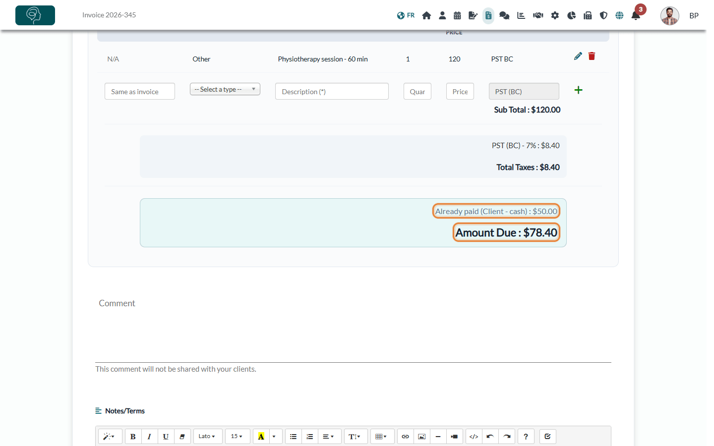 Already paid line and Amount Due on the invoice