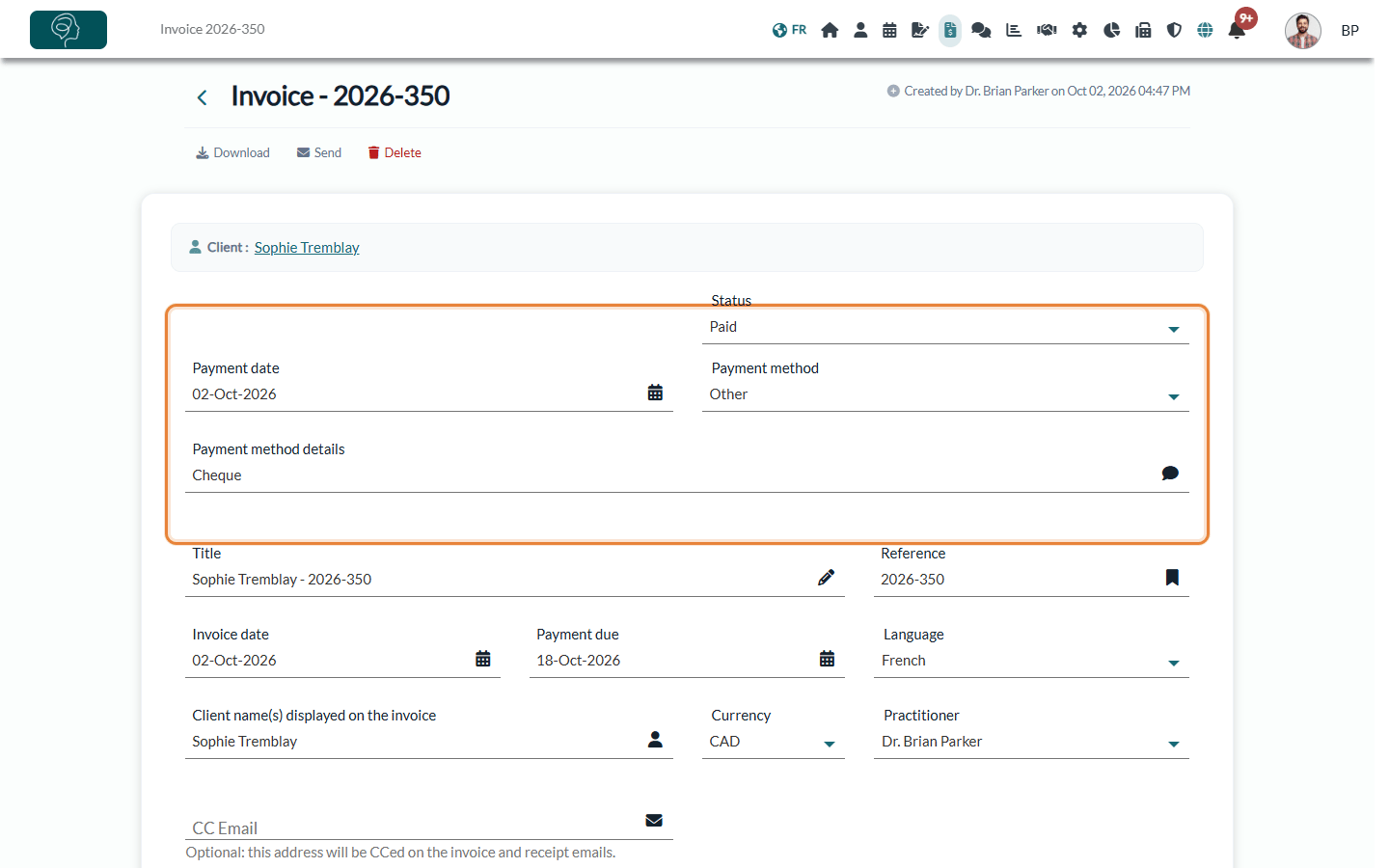Status Paid with the payment date, the payment method and its details on the invoice page