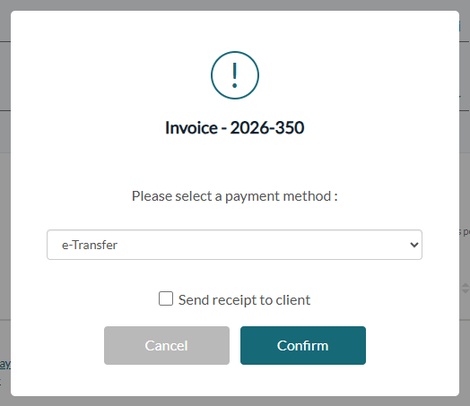 Window to choose the payment method, with the Send receipt to client option