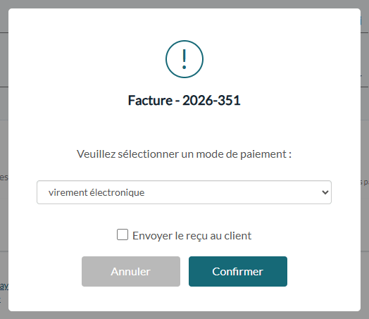 Fenêtre de choix du mode de paiement, avec l'option Envoyer le reçu au client