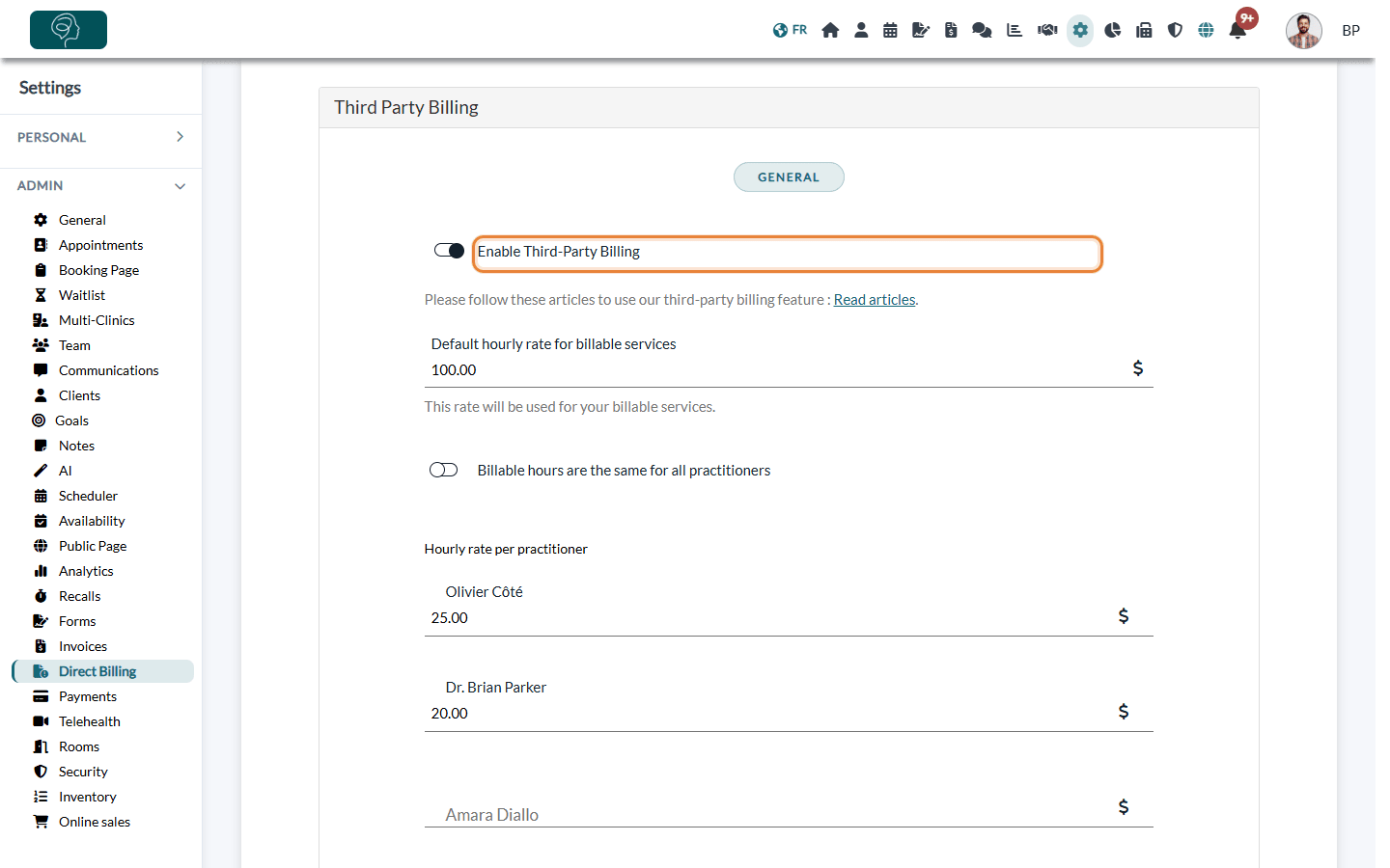 Third Party Billing panel in Settings > Direct Billing