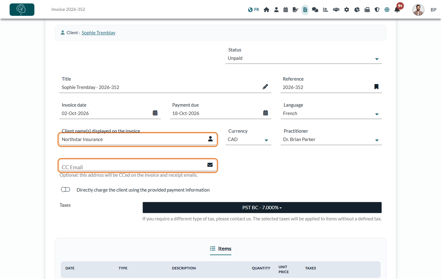 Name displayed on the invoice and CC Email fields on the invoice page